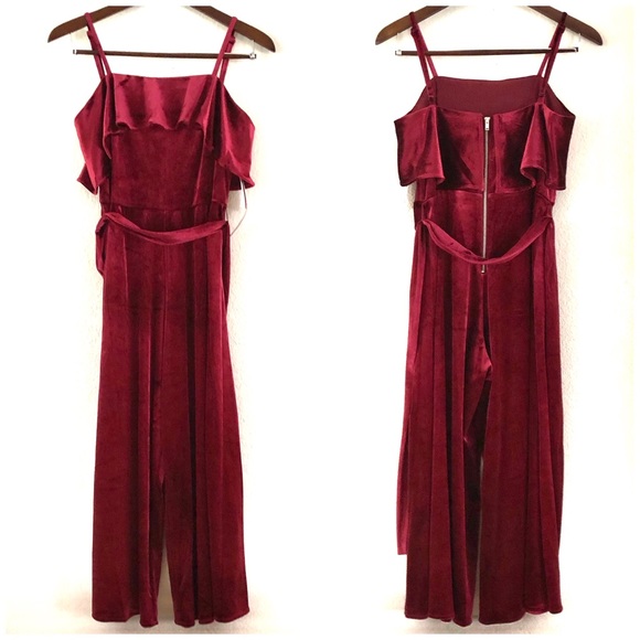 NWT Avec Les Filles Cropped Velvet Ruffled Jumpsuit Wine Red Burgundy - Picture 6 of 8